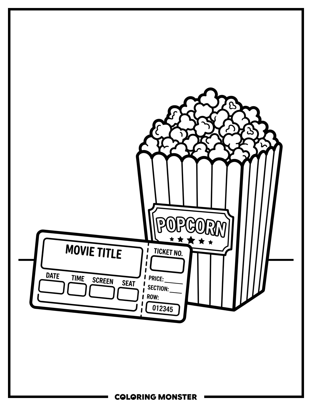 Movie Ticket and Popcorn Coloring Page