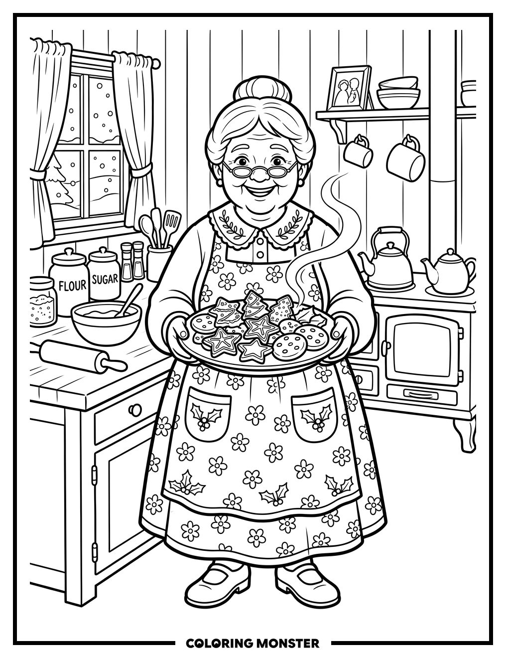 Mrs. Claus Baking Cookies Coloring Page