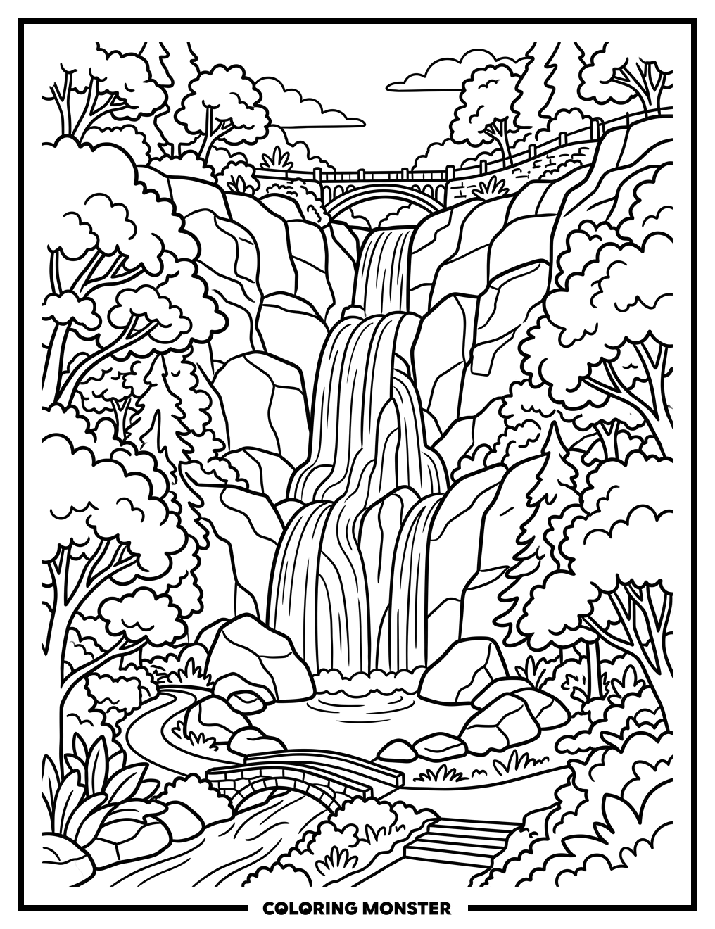 Multnomah Falls in Forest Coloring Page