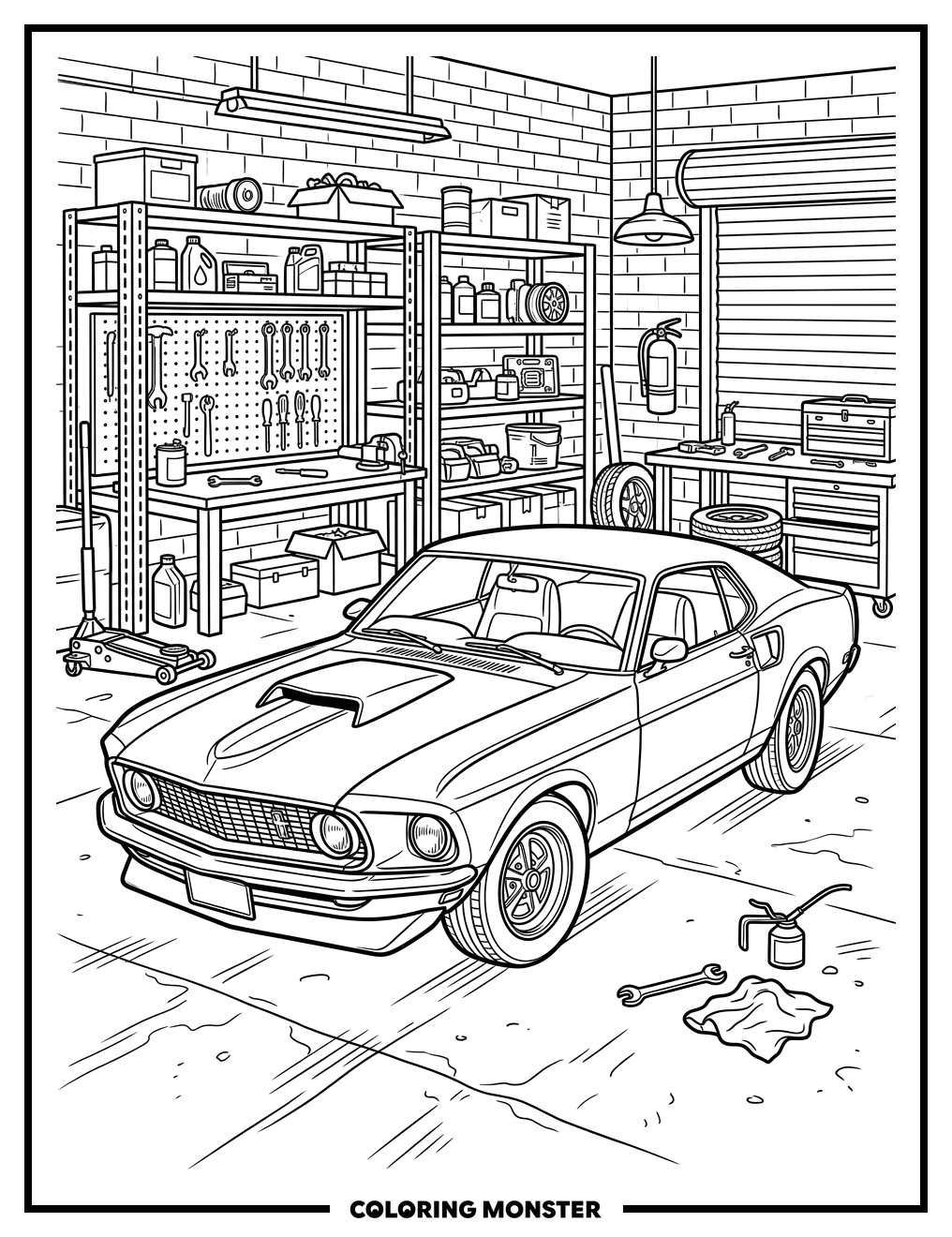 Muscle Car in Garage Scene Coloring Page