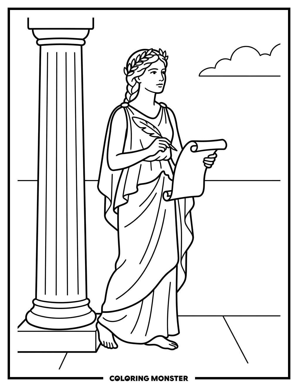 Muse With Quill and Parchment Coloring Page