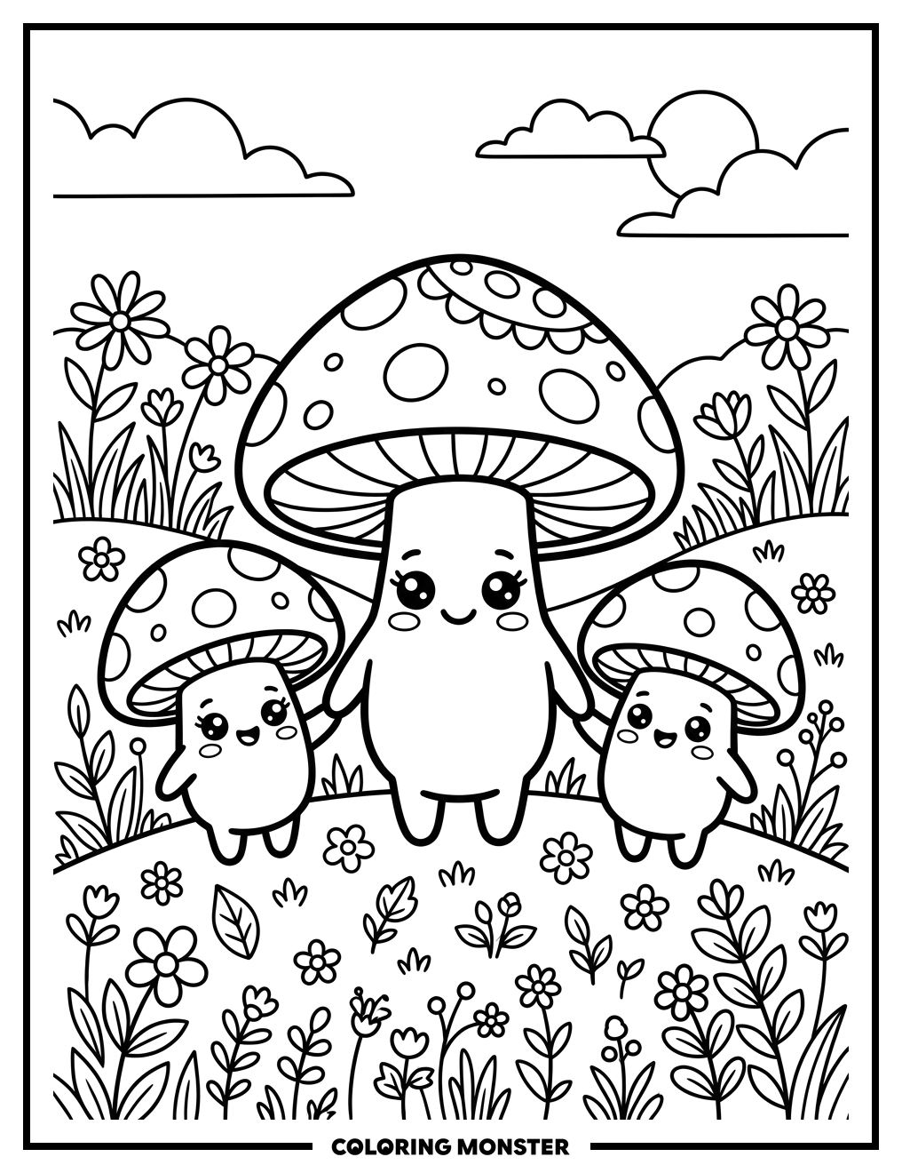 Mushroom Family Holding Hands Coloring Page