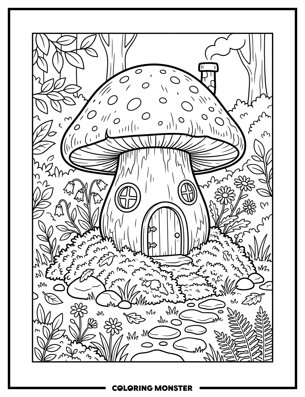 Mushroom House Among Moss Coloring Page