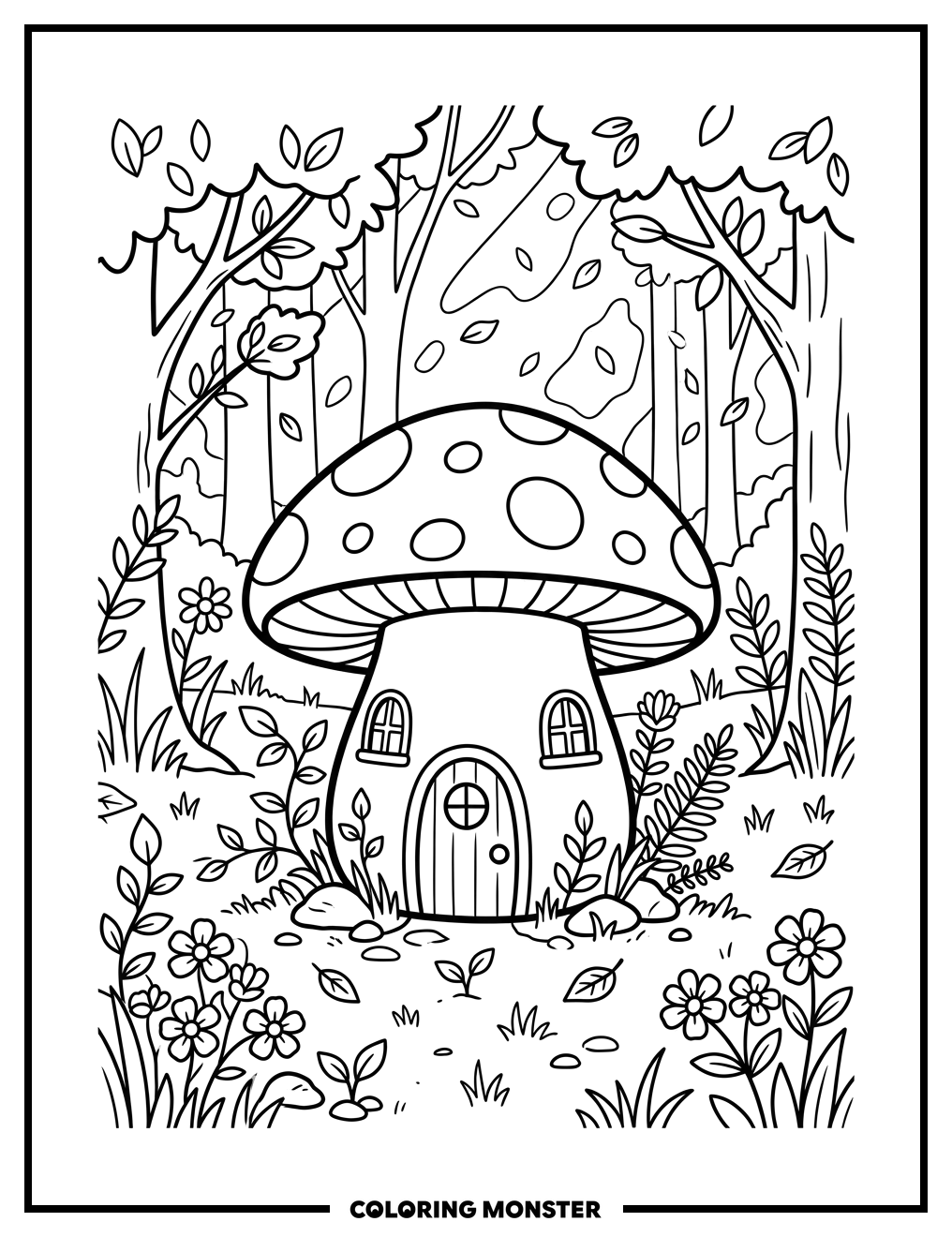 Mushroom House in Forest Clearing Coloring Page
