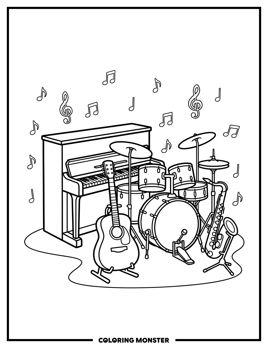 Musical Instruments Ready for a Performance Coloring Page