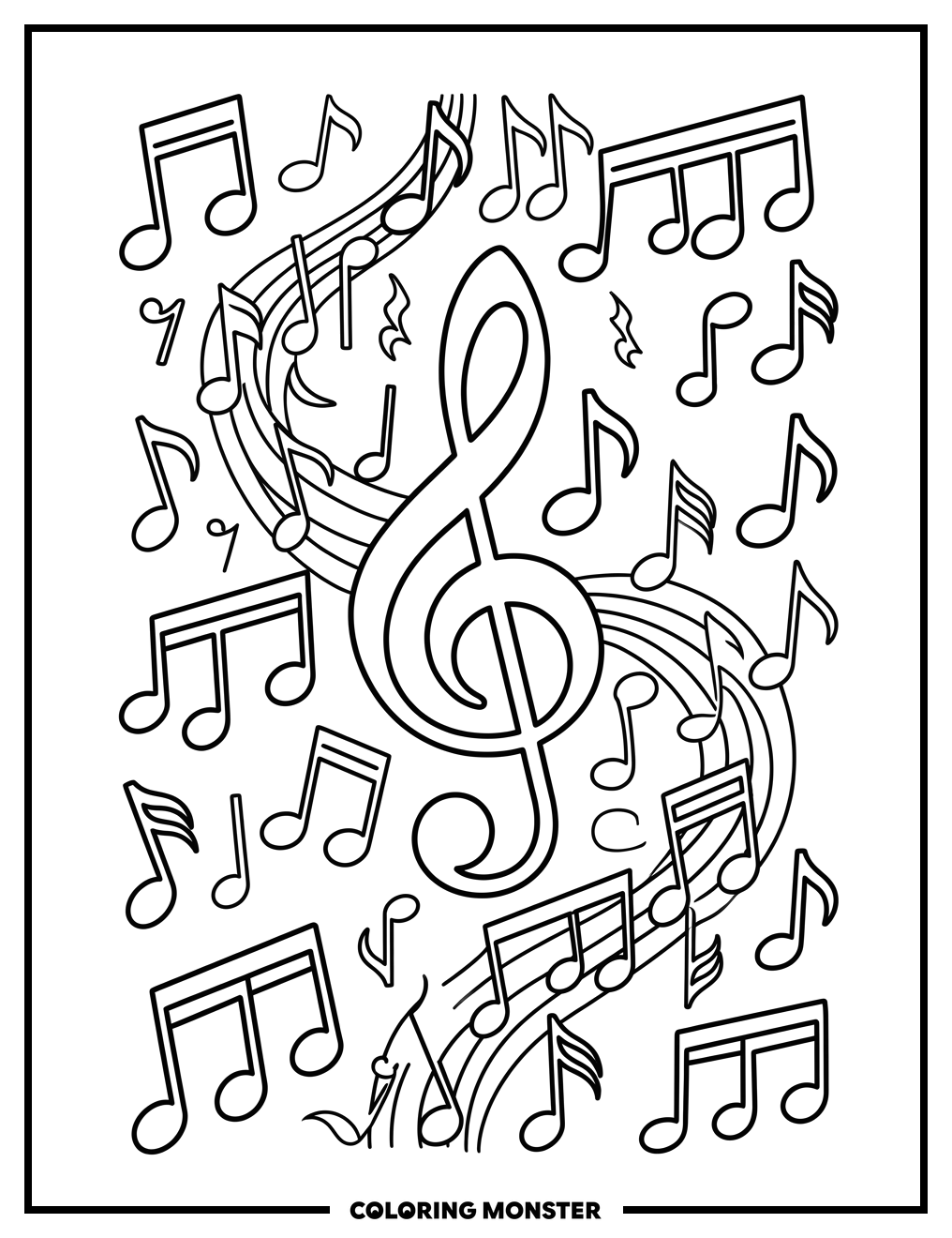 Musical Notes and Treble Clef Coloring Page