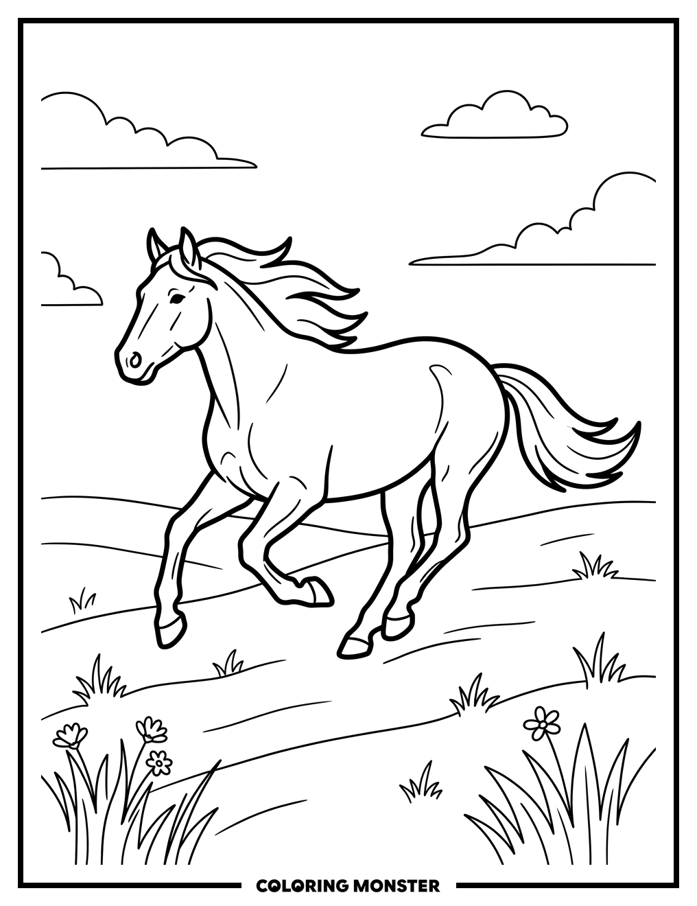 Mustang Galloping Across Grassy Plain Coloring Page