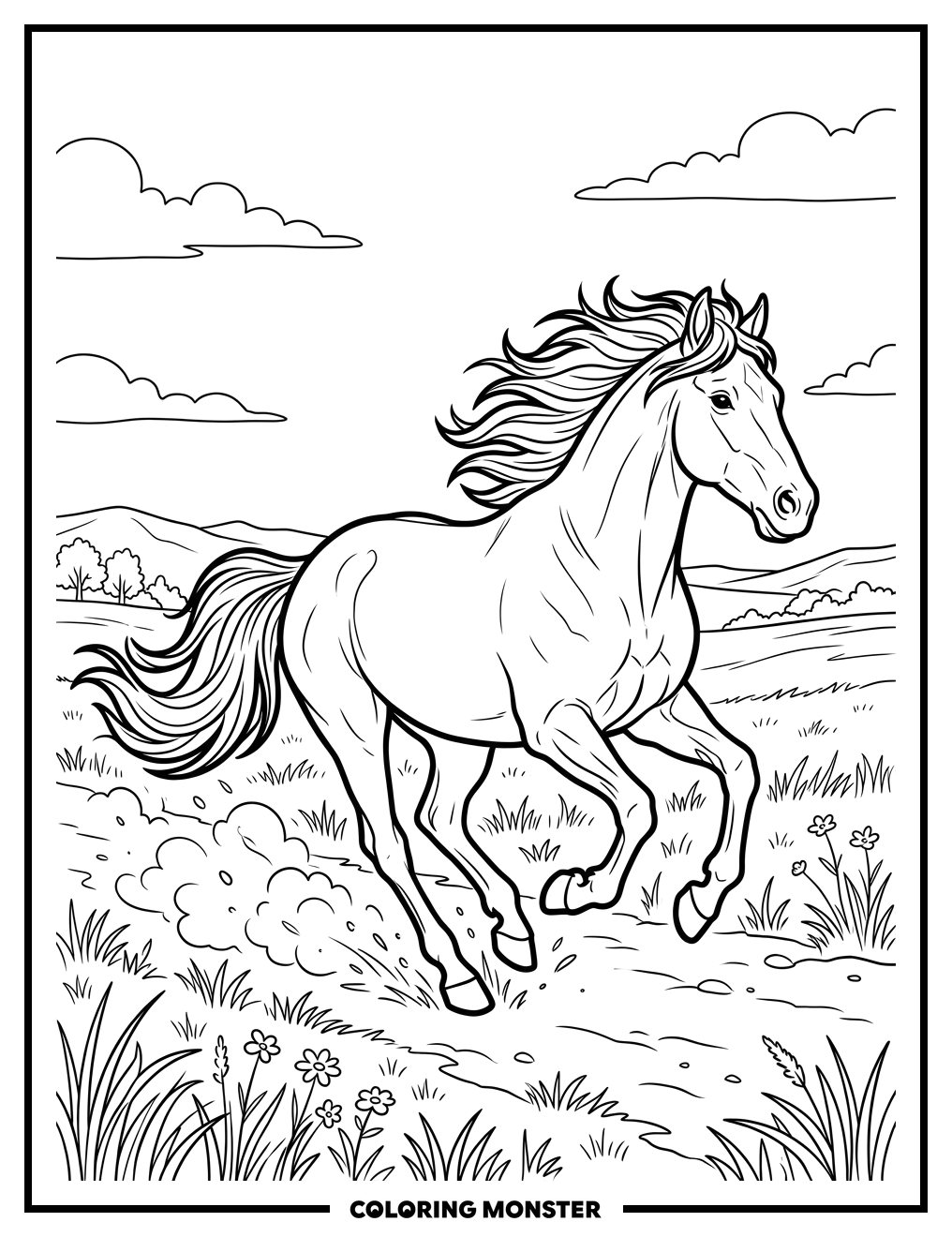 Mustang Galloping Across the Prairie Coloring Page