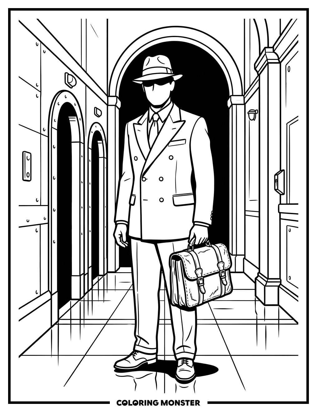 Mysterious G-Man in Hallway Coloring Page