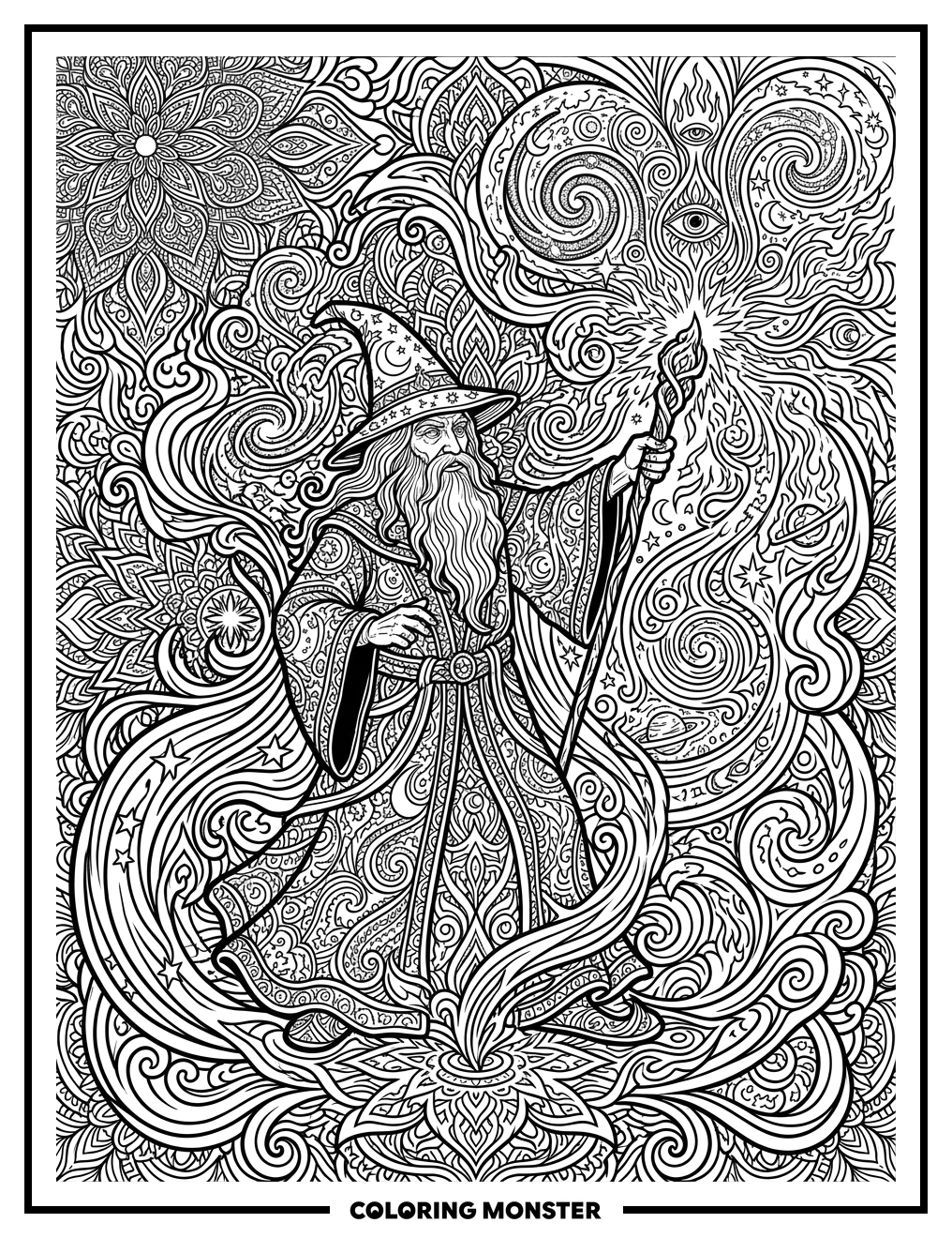 Mystical Wizard Casting Spell Coloring Page