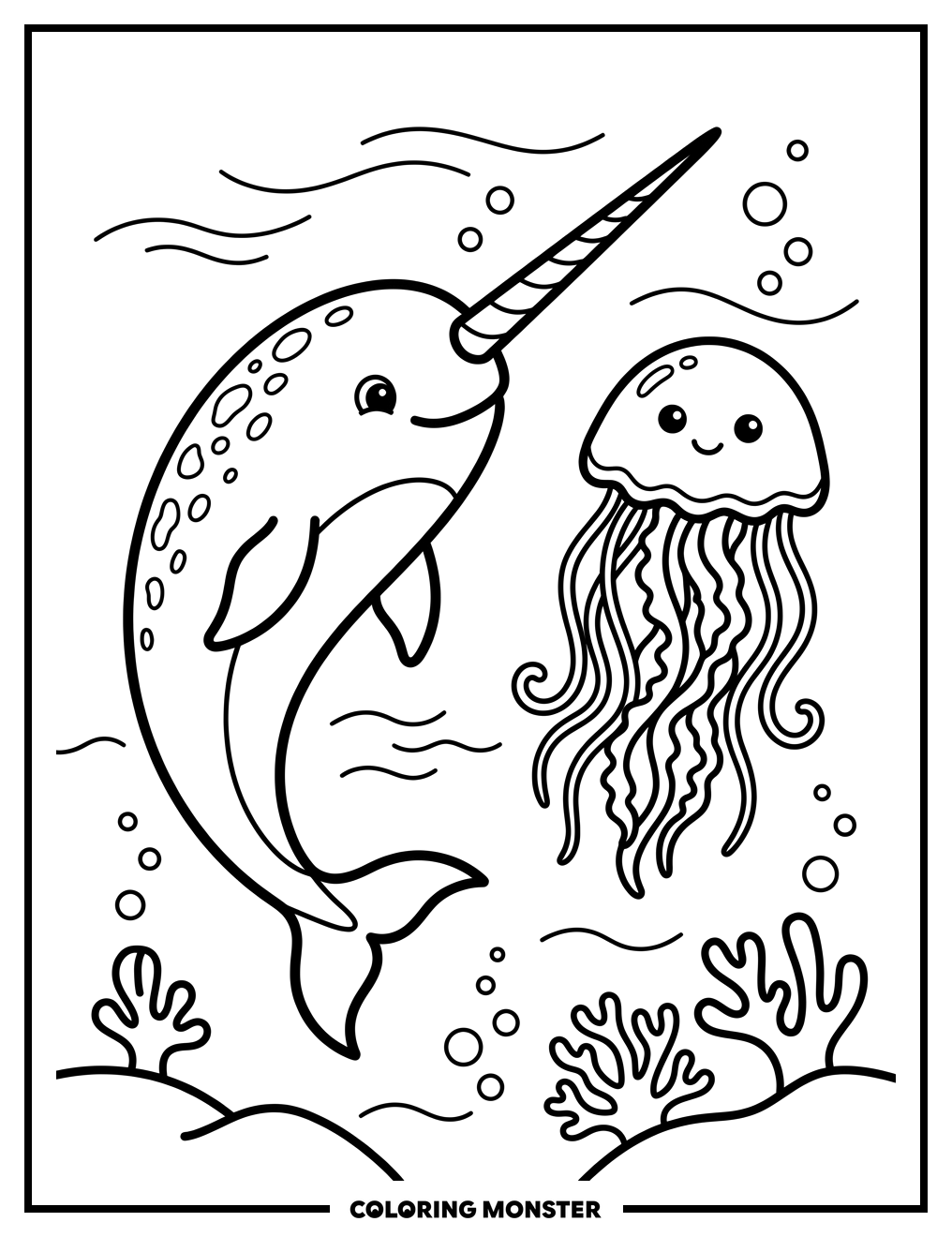 Narwhal and Jellyfish in Ocean Coloring Page