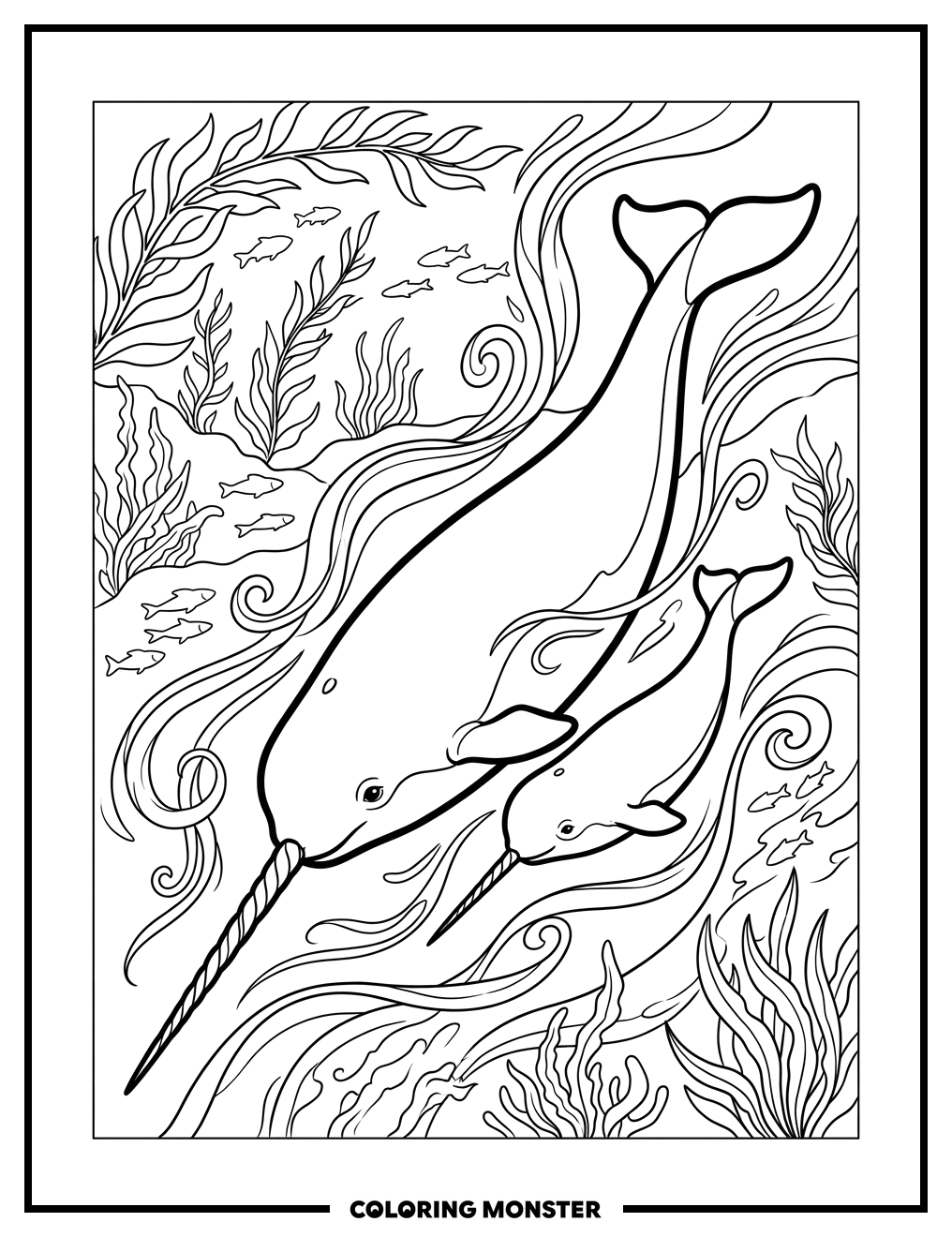 Narwhal Family in the Ocean Coloring Page