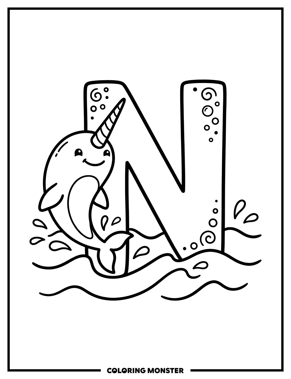 Narwhal Splashing Beside Big Letter N Coloring Page