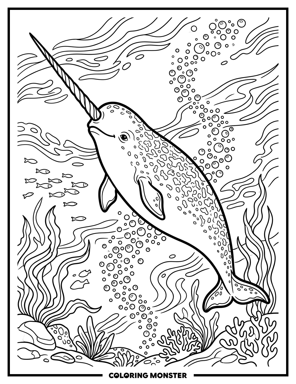 Narwhal Swimming in Deep Blue Ocean Coloring Page