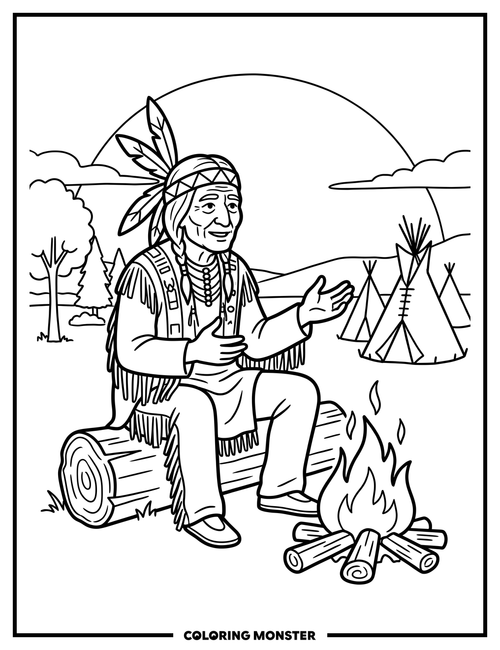 Native American Elder Telling Stories Coloring Page
