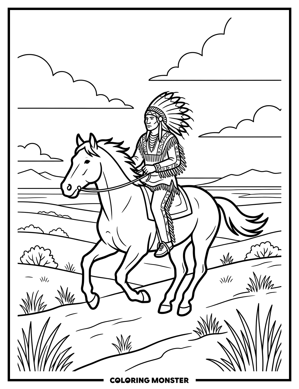 Native American Man on Horseback Coloring Page