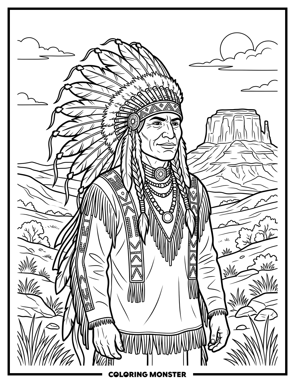 Native American Man With Feathered Headdress Coloring Page