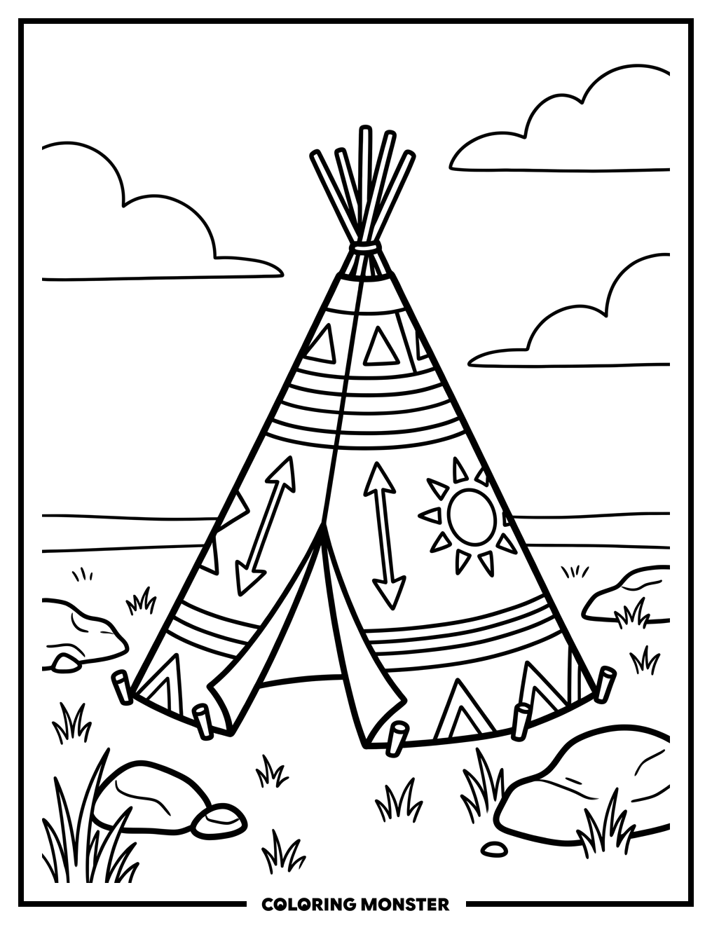 Native American Tepee on Grassy Plain Coloring Page