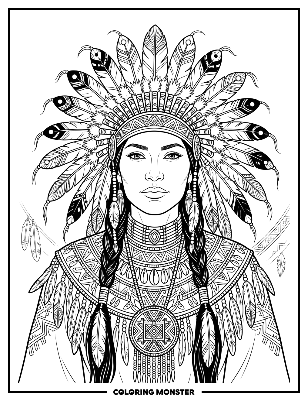 Native American Woman In Feathered Headdress Coloring Page