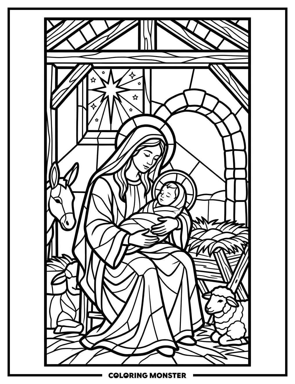 Nativity Scene in Stained Glass Style Coloring Page