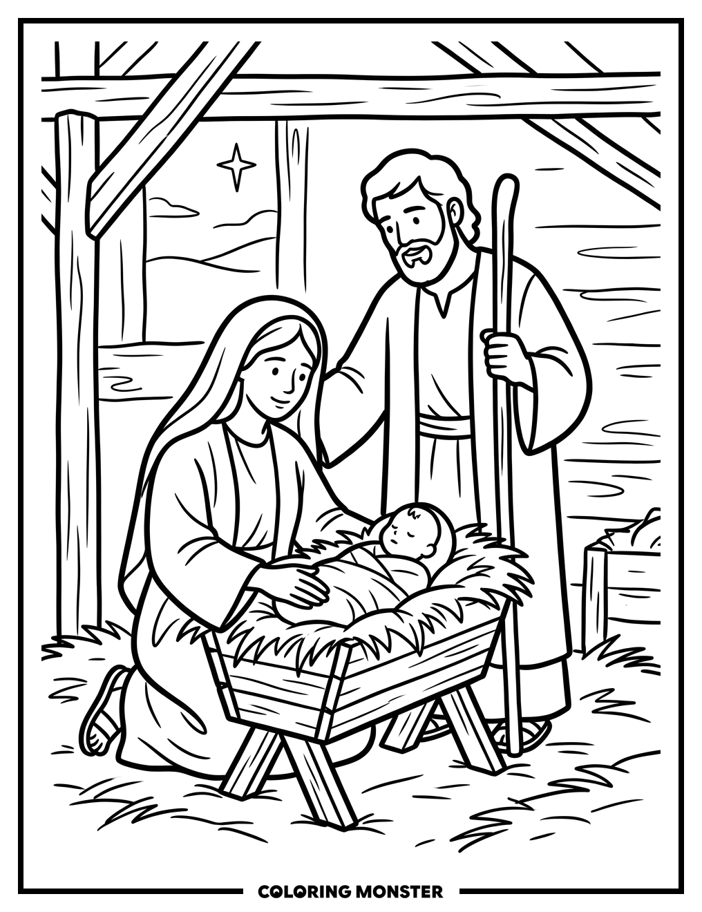 Nativity Scene with Holy Family Coloring Page