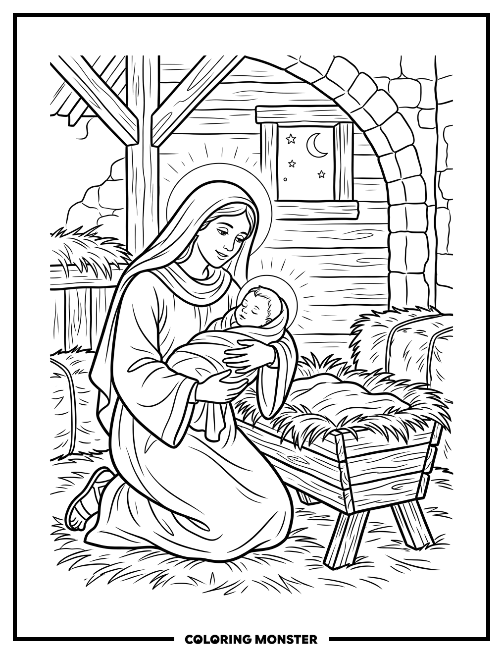 Nativity Scene with Mary and Jesus Coloring Page