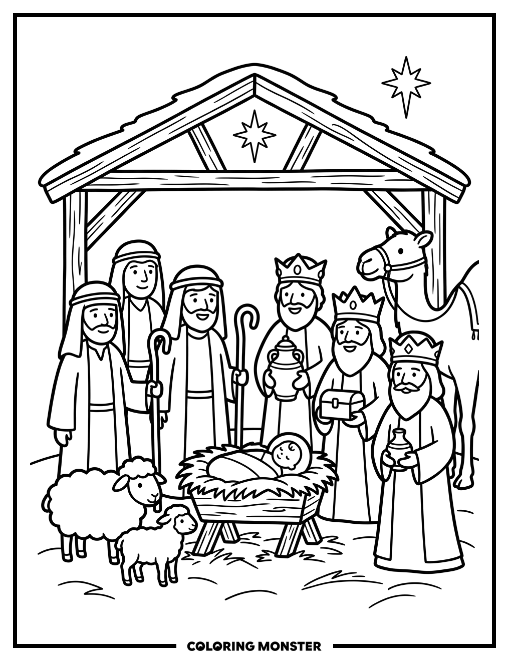 Nativity Scene with Shepherds and Wise Men Coloring Page