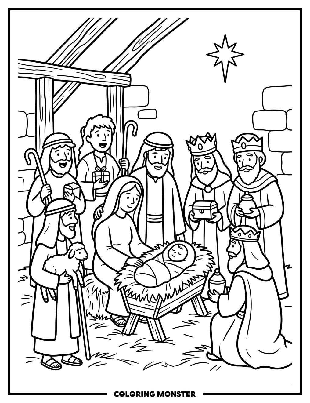 Nativity Scene with Shepherds and Wise Men Coloring Page
