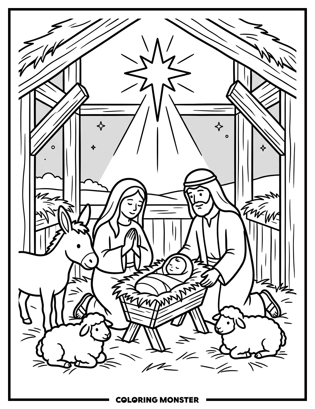 Nativity Scene With Stable Animals Coloring Page