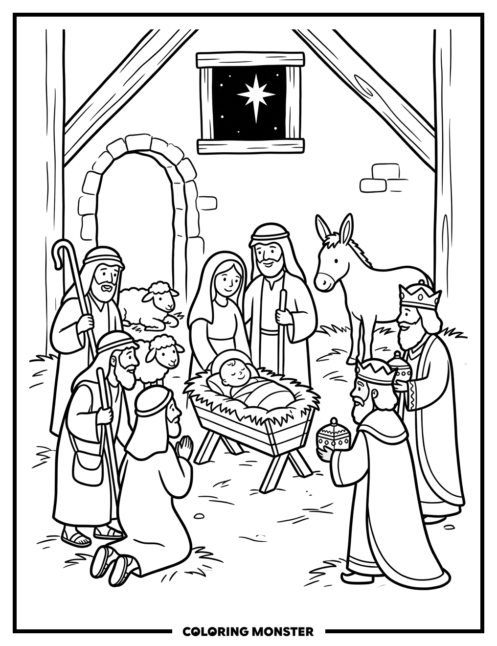 Nativity Scene with Wise Men Coloring Page