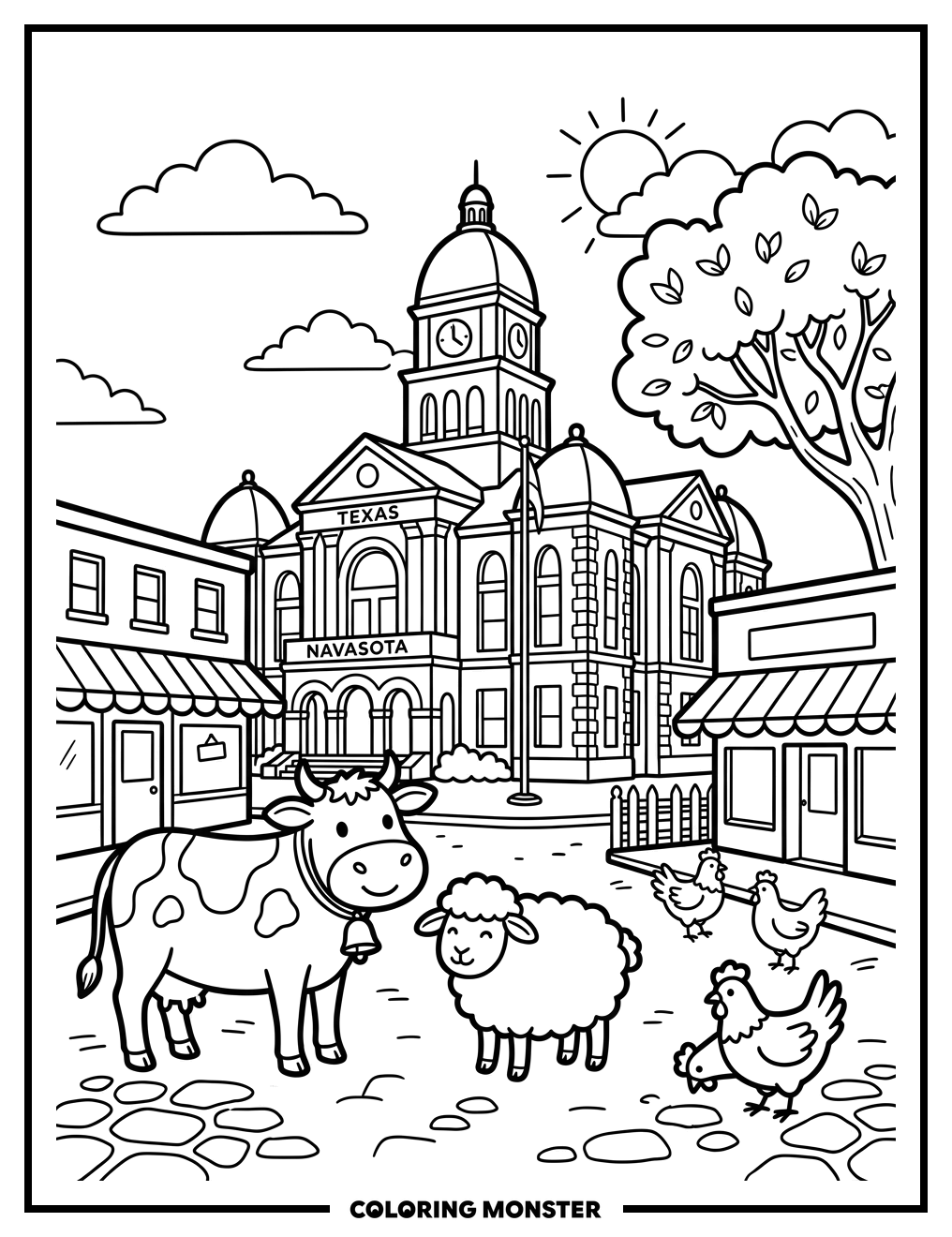 Navasota Town Square with Farm Animals Coloring Page