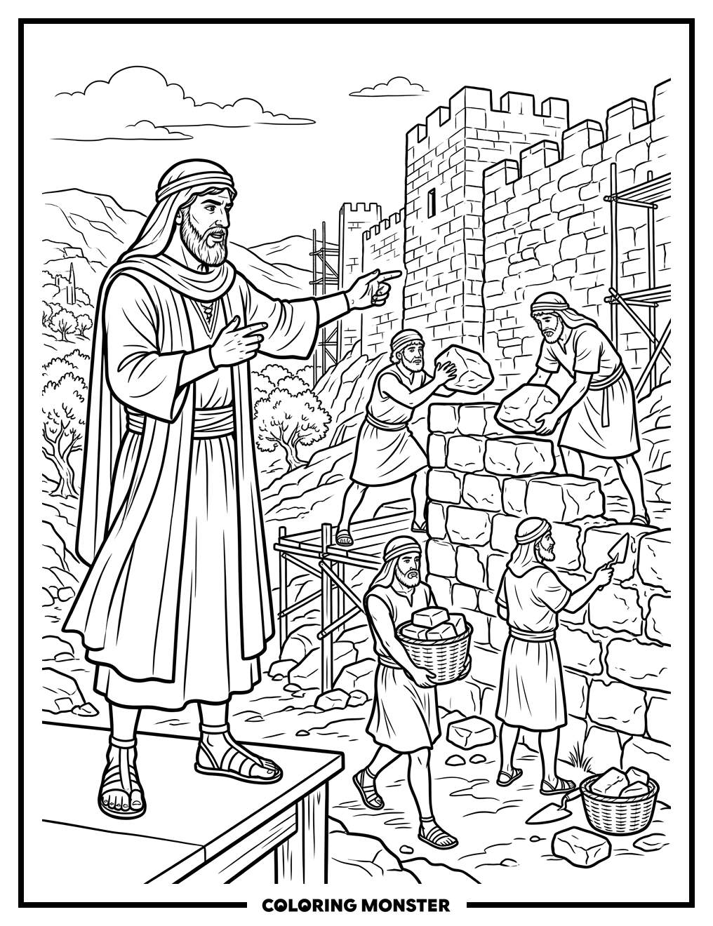 Nehemiah Overseeing Wall Construction Coloring Page