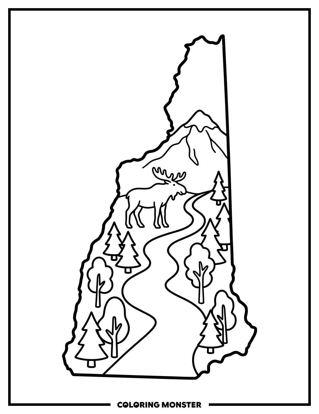 New Hampshire State Outline With Landmarks Coloring Page