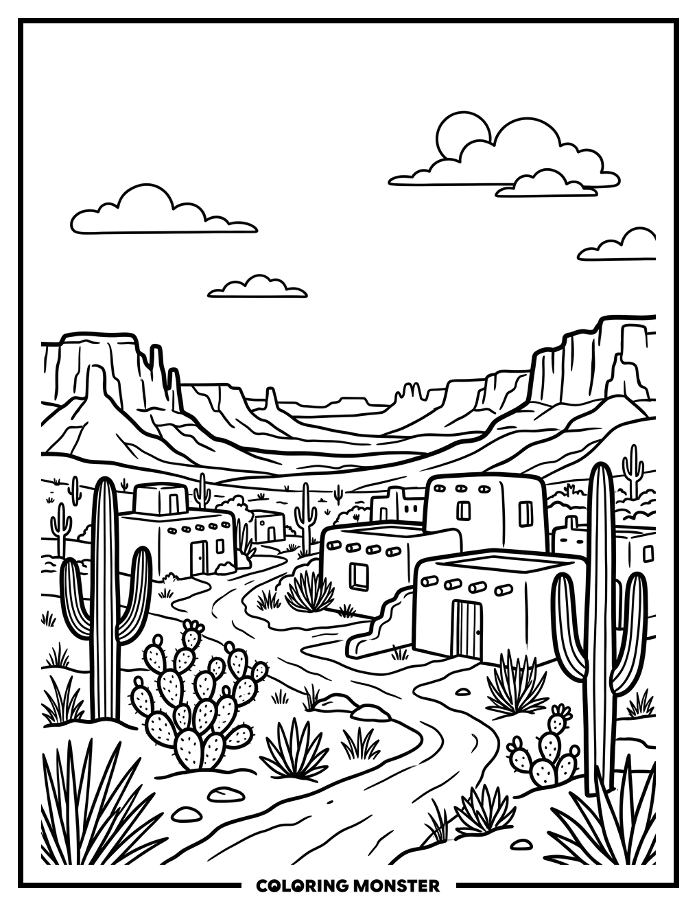 New Mexico Adobe Village Coloring Page