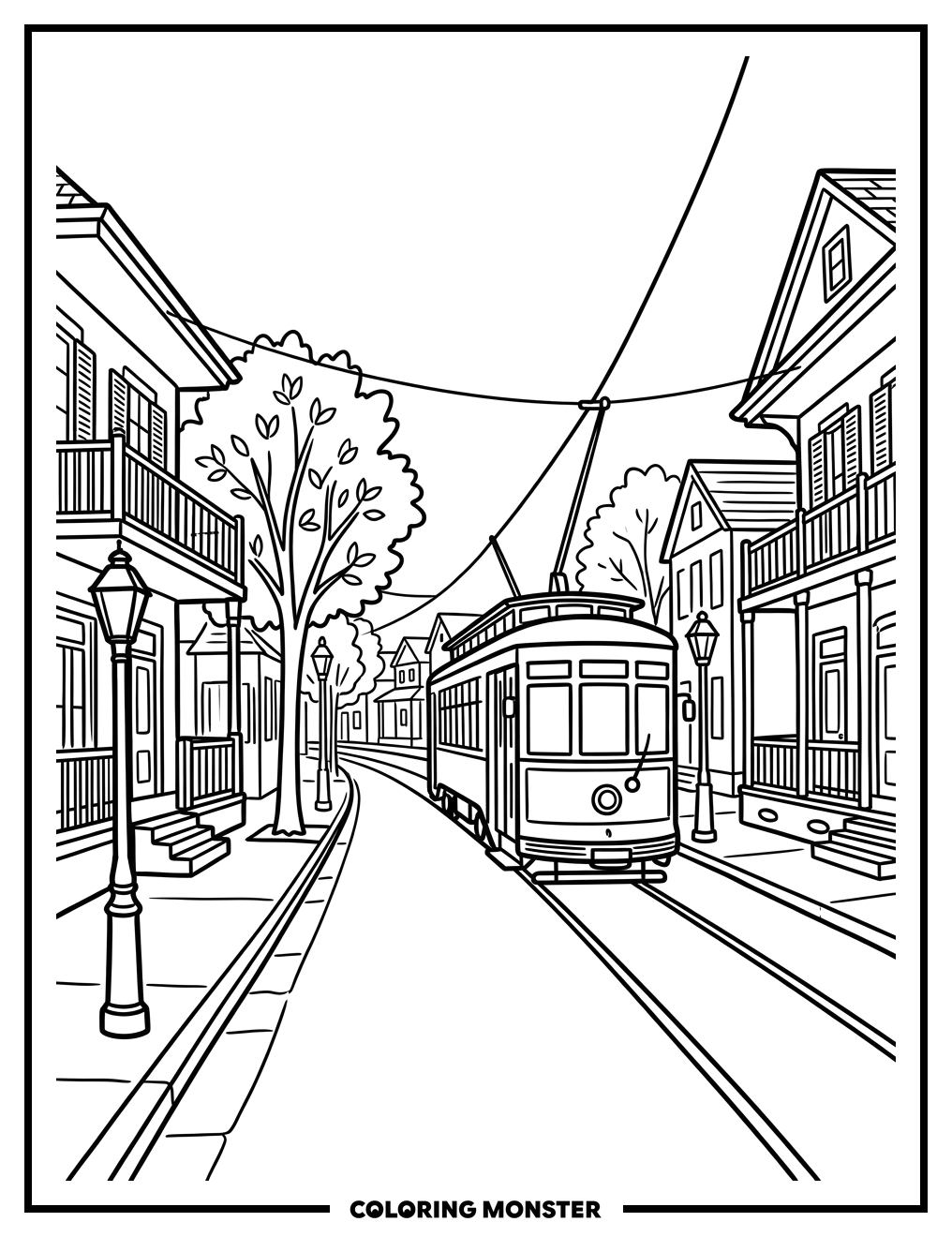 New Orleans Streetcar and Cottages Coloring Page