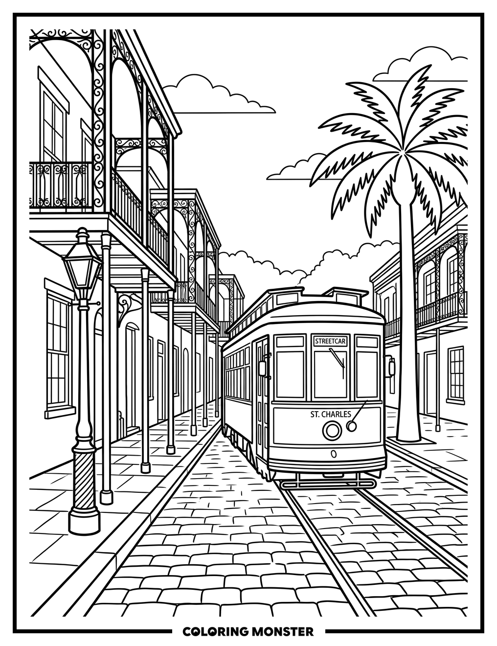 New Orleans Streetcar Scene Coloring Page