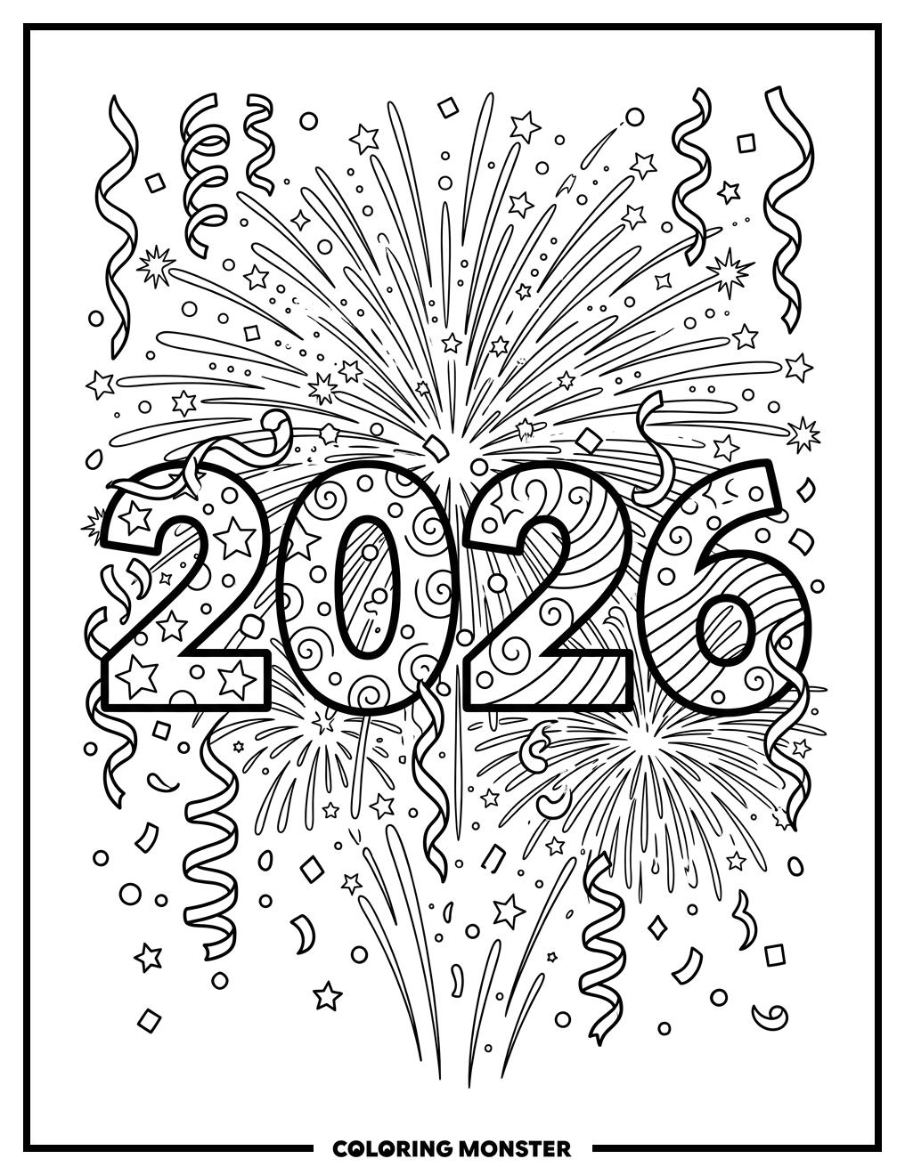 New Year's Eve 2026 Fireworks Coloring Page