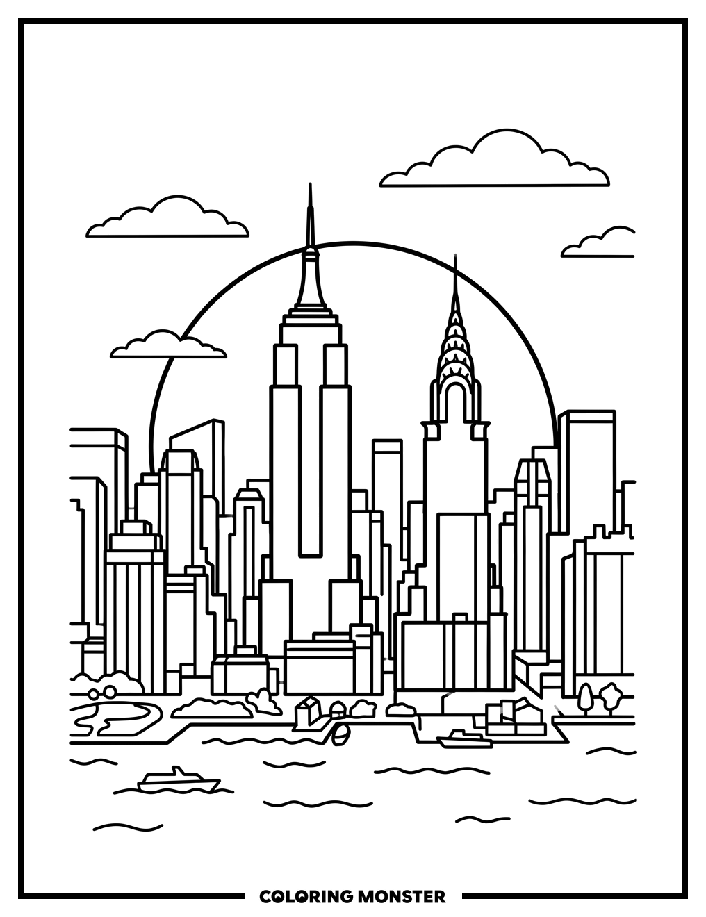 New York City Skyline Sunset Coloring Page