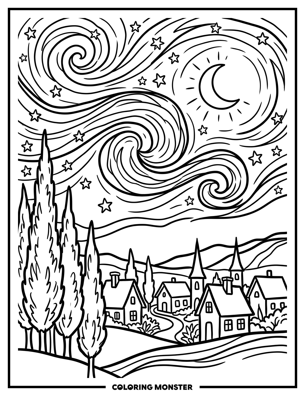 Night Sky Over Village Coloring Page