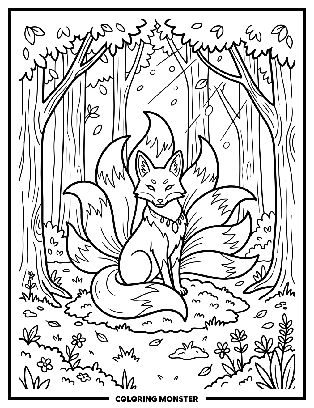 Nine-Tailed Fox in Forest Coloring Page