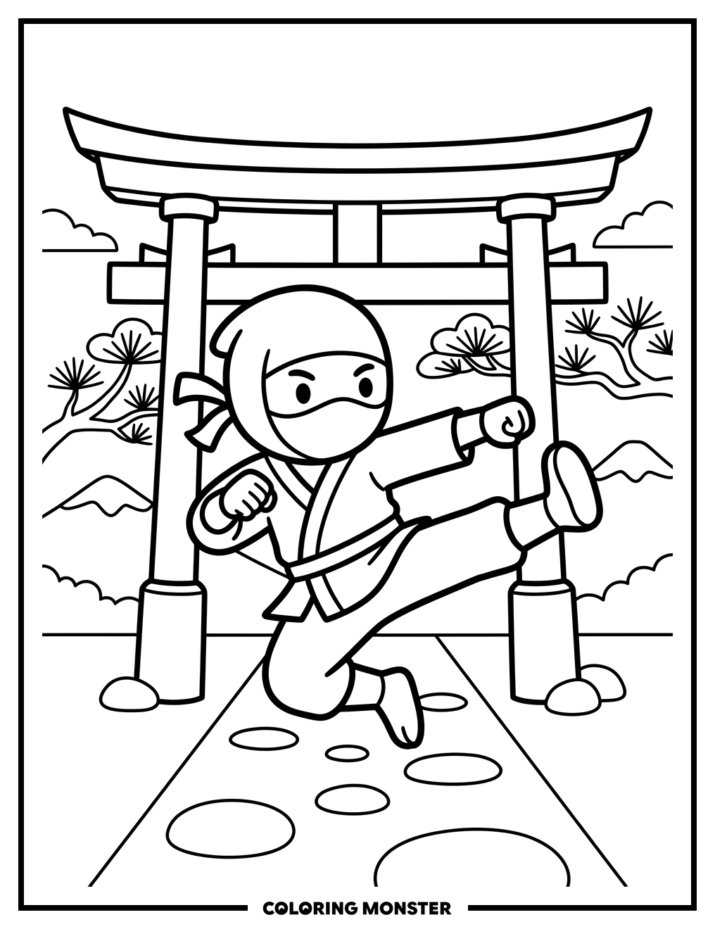 Ninja in Karate Pose at Temple Gate Coloring Page
