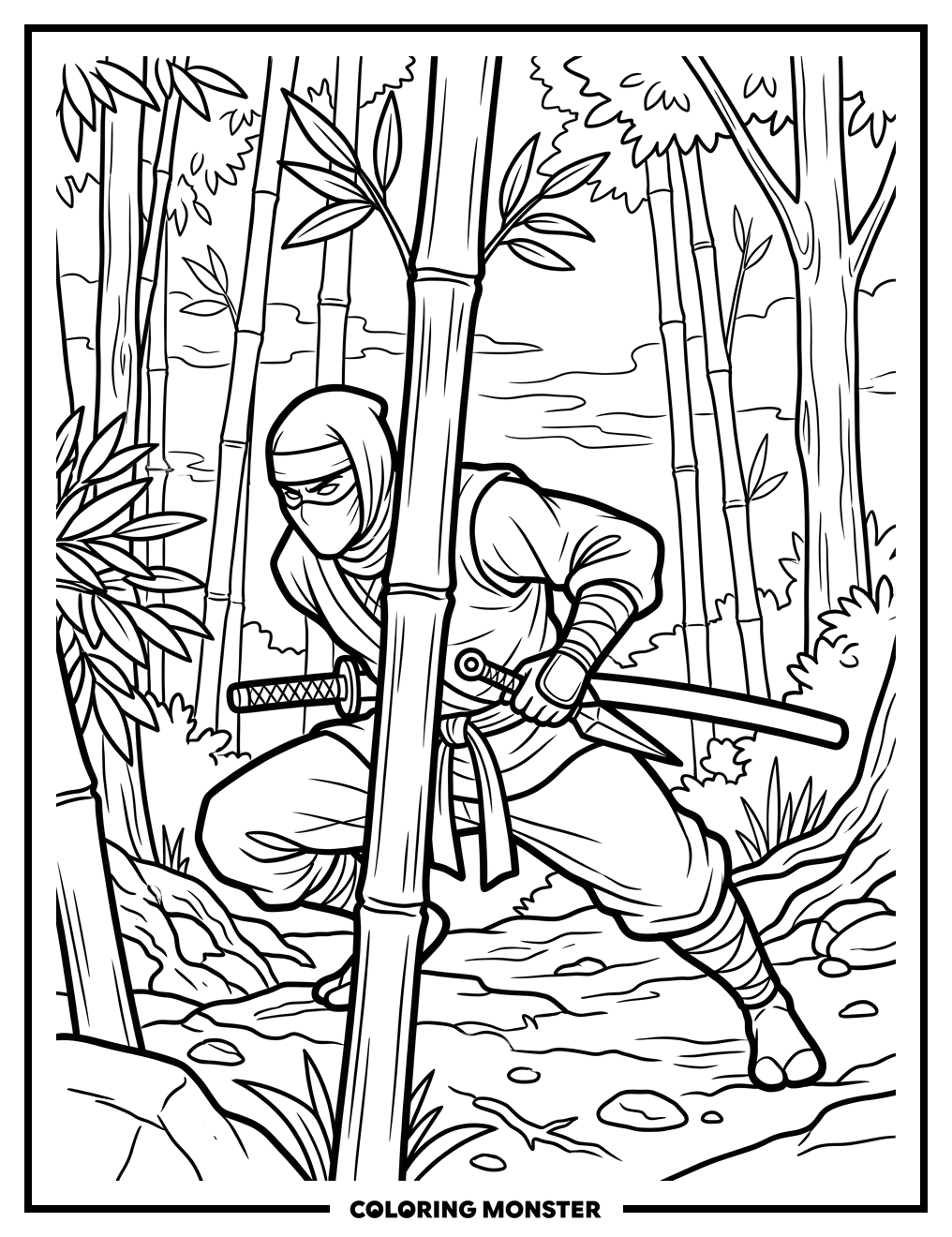 Ninja in Misty Forest Coloring Page