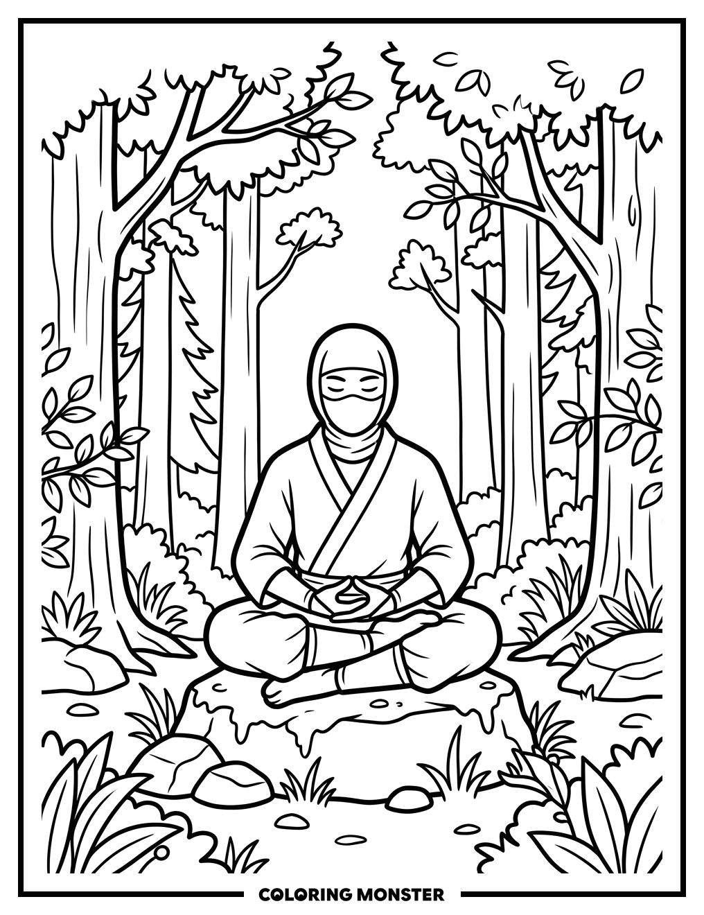 Ninja Meditating in Forest Coloring Page