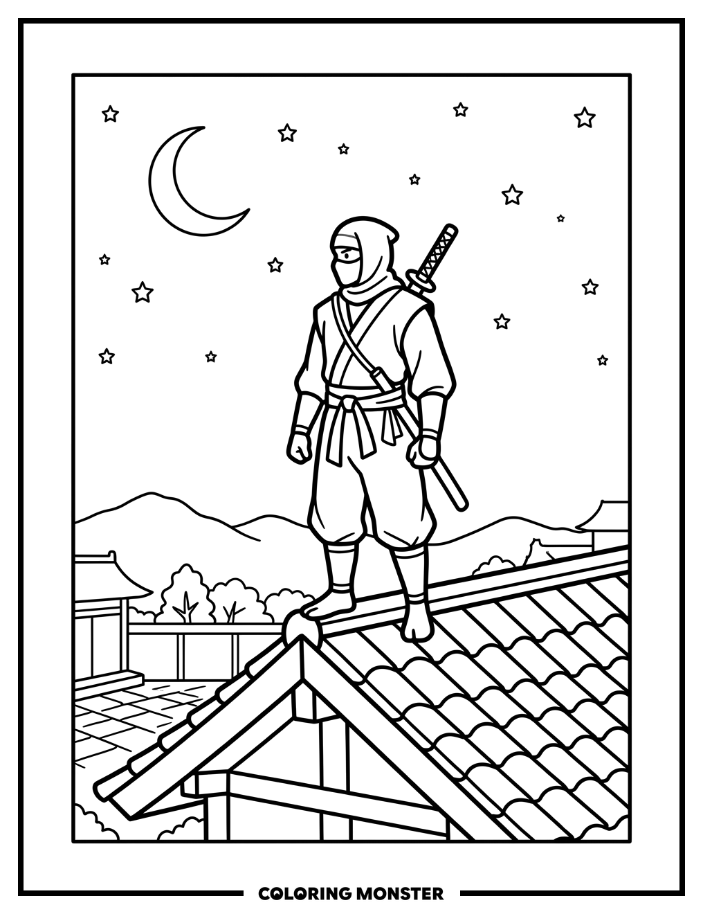 Ninja on Rooftop Under Stars Coloring Page