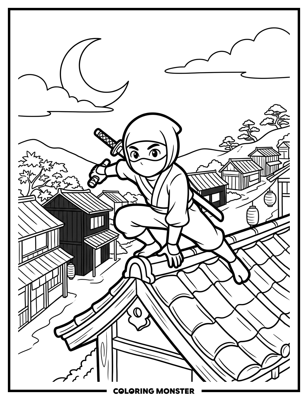 Ninja Ready to Spring on Rooftop Coloring Page