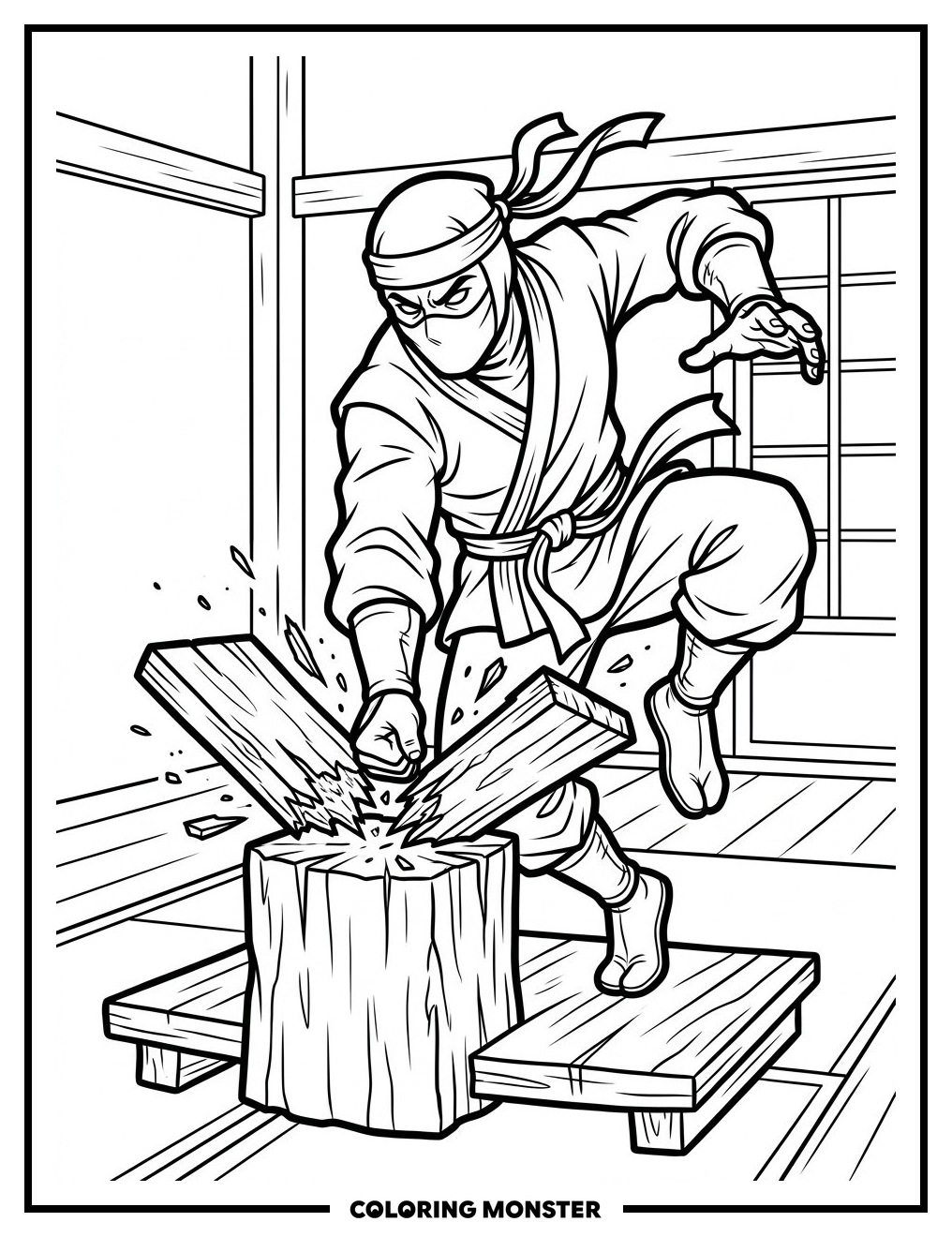 Ninja Strikes A Board Coloring Page