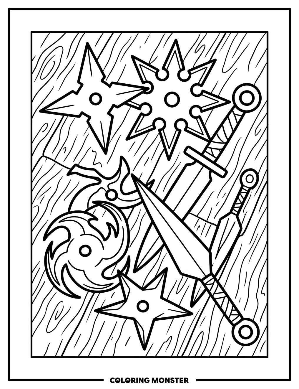 Ninja Throwing Stars and Daggers Coloring Page
