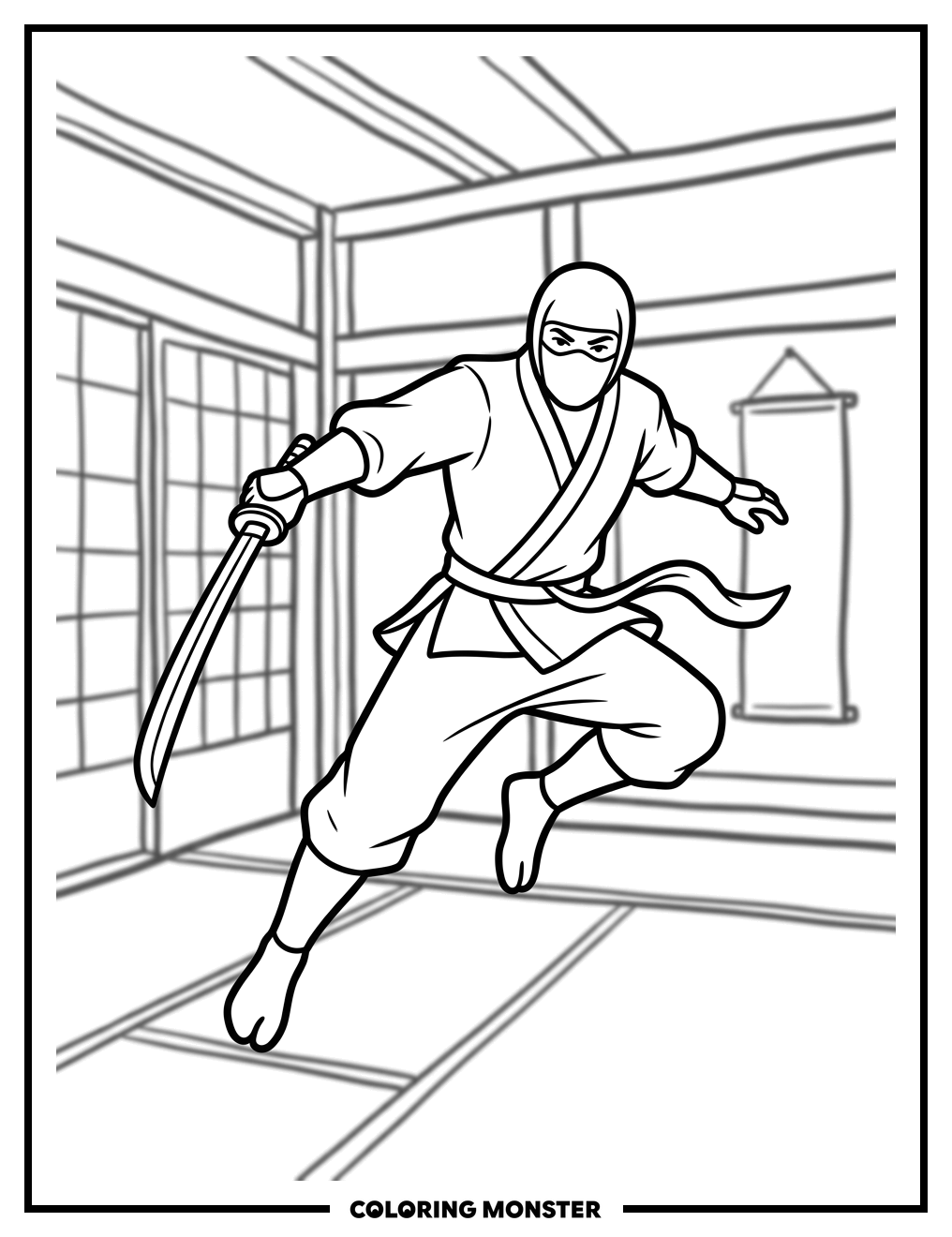 Ninja Warrior Leaping with Katana Coloring Page
