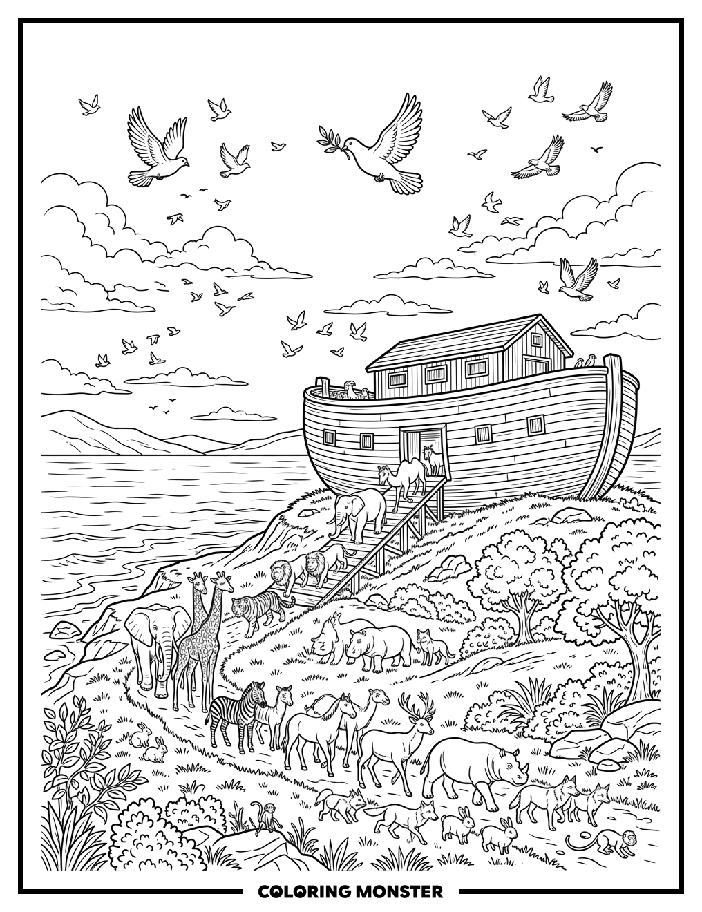 Noah's Ark Lands on Lush Green Hill Coloring Page