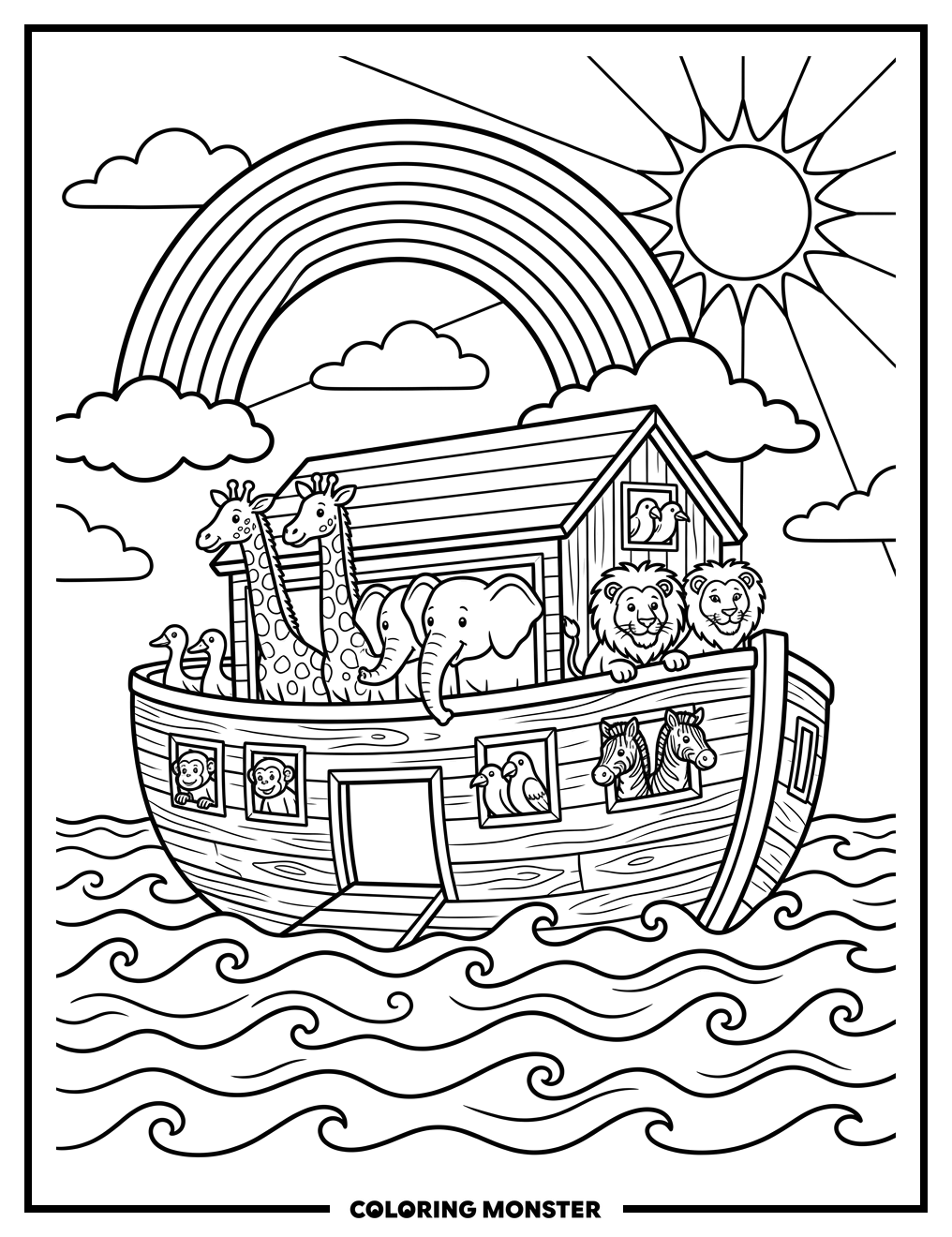 Noah's Ark with Animals and Rainbow Coloring Page